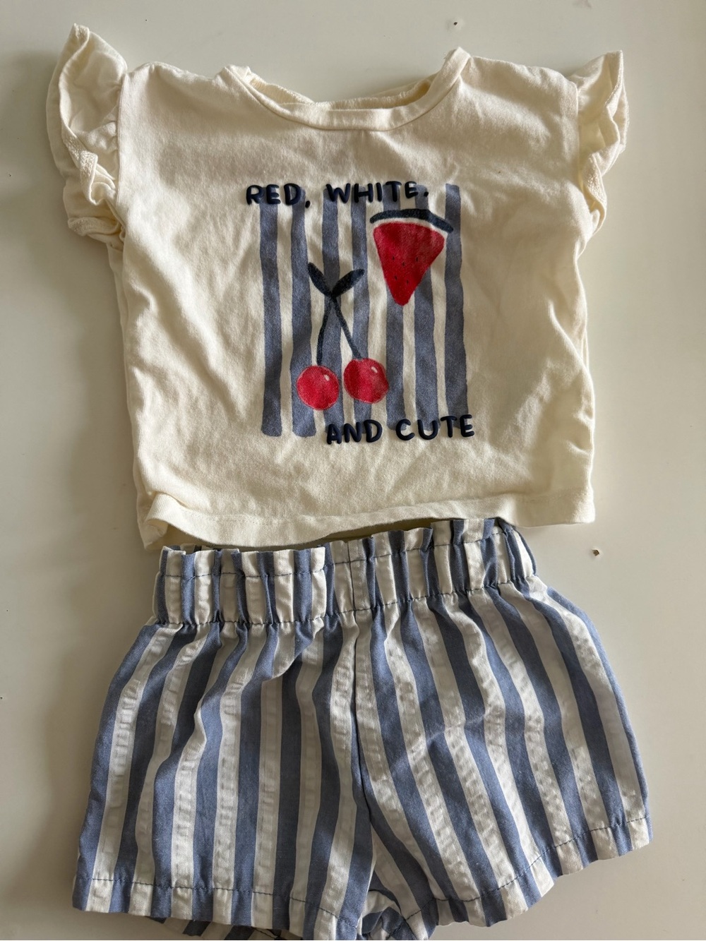 Carter's Cream Top and Blue Striped Shorts Set with Red Accents